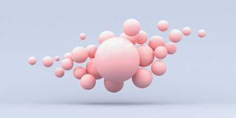 Abstraction for ideas. Falling pink spheres on a blue background. 3d render.