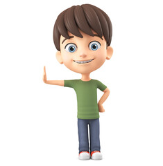 Cheerful cartoon character boy in a green T-shirt leaned against a blank wall on a white background. 3d render illustration.