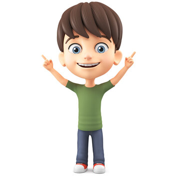 Cheerful cartoon character boy in a green T-shirt points two fingers up on a white background. 3d render illustration.