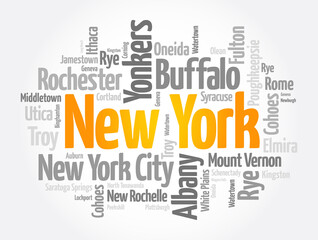 List of cities in New York USA state, word cloud concept background