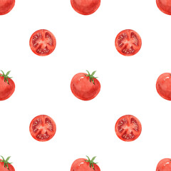 Watercolor seamless background with tomato on a white background.  Menu design, textile design, printing.