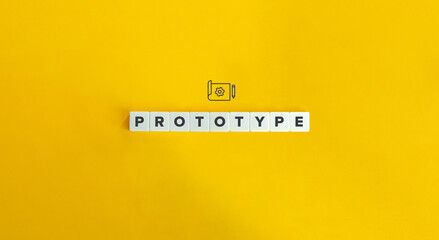 Prototype word and icon banner on block letter tiles. Minimal aesthetics.