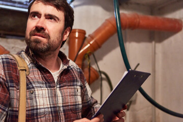 Handyman man in basement with checklist