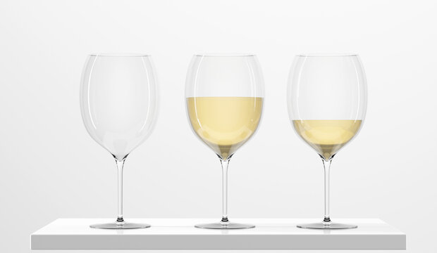 Wineglasses with white wine on podium. Realistic set empty and full crystal glasses on stage, mockup clear cups with champagne or alcohol drink for tasting isolated on white background, 3d render