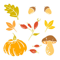 Colorful paper cut autumn leaves and fruits collection isolated on white background. Doodle hand drawn icons. Vector illustration.	