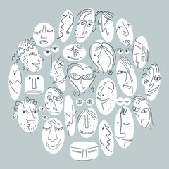 Adstract funny faces of different people. Line art. Vector illustration.