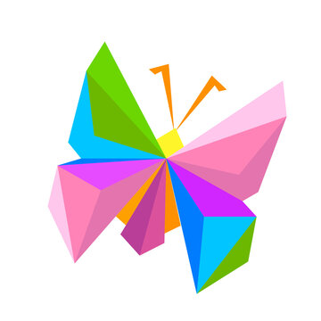 Vector image of a butterfly made of paper, origami craft. Multicolored colors, perfect curves.