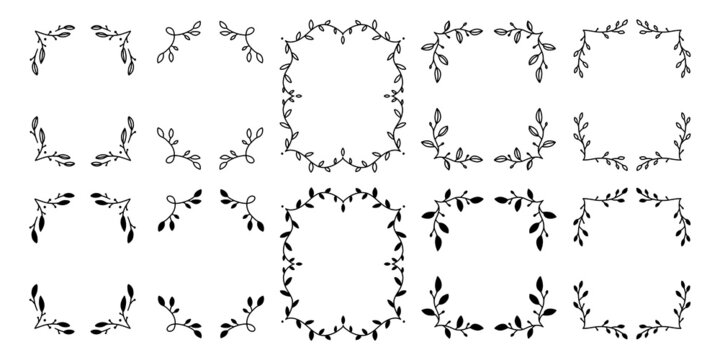 Set of hand drawn floral frames isolated on white background, vector. Silhouette and outline frames of leaves. Doodle style.