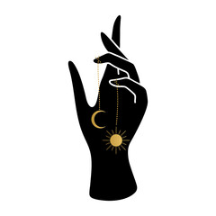 Silhouette of witch hand with  moon and sun. Wicca, alchemy, mystical, magic, celestial, esoteric, sacred, spiritual, occultism inspired concept. Woman hands mudra. Hand drawn vector
