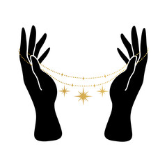 Witch hands with talisman. Wicca, alchemy, mystical, magic, celestial, esoteric, sacred, spiritual, occultism inspired concept. Woman hands with stars. Vector illustrations in black flat style