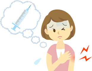 イラスト素材：若い女性が新型コロナウイルスワクチン接種の注射後の副反応症状シリーズ　接種部位の腫れ
