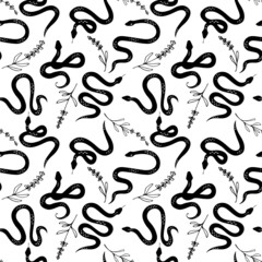 Seamless pattern with snakes and lavender. Mystic vector pattern. Botanical background. Black and white floral snakes. Boho flat design for fabric, textile, wrapping paper and wallpaper	