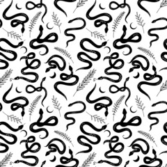Seamless pattern with snakes and fern. Mystic vector pattern. Botanical background. Black and white floral snakes. Boho flat design for fabric, textile, wrapping paper and wallpaper	
