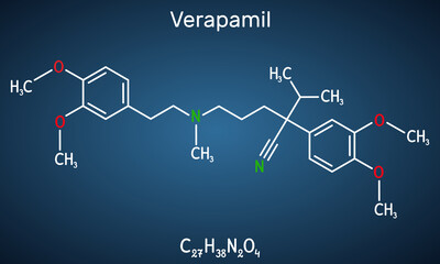 Verapamil molecule. It is calcium channel blocker used in treatment of high blood pressure, heart arrhythmias, angina. Structural chemical formula on the dark blue background