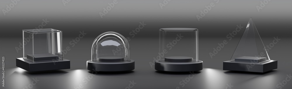 Wall mural Glass cube box, pyramid, cylinder, sphere or dome on black stand isolated on dark background. Mockup empty clear showcases of plexiglass or acrylic for display on plastic podium. Realistic 3d set