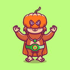 cute halloween monkey pumpkin superhero illustration