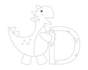 Coloring book dinosaur on a white background. Letter D. Study of letters. Lettering.Vector graphics. Stroke. Tyrannosaurus rex, Jurassic period. Black and white illustration. Printout for preschoolers