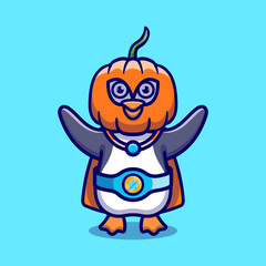 cute halloween penguin pumpkin superhero illustration