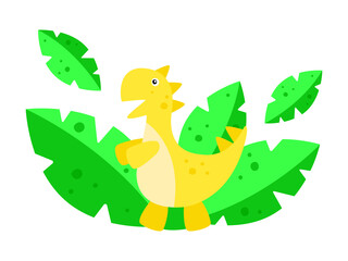A cute dinosaur is hiding in the bushes. Illustration for baby products. For printing on paper. Vector graphics. White background. Large green leaves. Bright design.