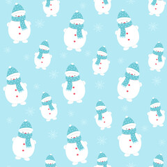 Vector graphics. Seamless pattern. New Year Christmas. Blue background, snowman, with a scarf and a hat. For printing on fabric and paper. Postcard, background, festive packing.