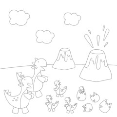 Coloring book for children. Vector graphics. Cute black and white dinosaurs with kids, near volcanoes, on green grass. Printout for preschoolers. The outline of the drawing.