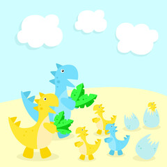 Children's illustration Dinosaurs. A family of cute Tyrannosaurs. Parents feed their children in nature. Jurassic period. Egg, dinosaur. Design for children's books, aunts, invitations, brochures.