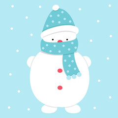 Vector illustration, white snowman. In a hat and a scarf. Winter, red nose, snow, ice. Merry Christmas. New Year. For postcards, books. Blue background.