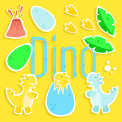 Set of bright stickers with dinosaurs on a yellow background. For baby products. Labels for holidays, birthdays, padarks. For printing on paper, web sites, book products.