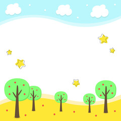 Bright, summer background for text. Childish illustration.
Field, trees, sky, stars.
Vector graphics. White background. Design for children's books, notebooks, invitations. Place for an inscription.