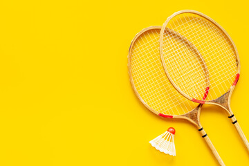 Flat lay of badminton rackets and shuttlecock. Top view