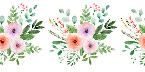 Watercolor seamless border with flowers, festive bouquets and individual elements of bouquets
