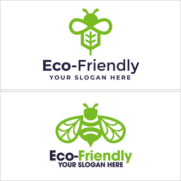 Eco friendly logo with green bee leaves vector design