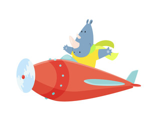 Cute rhinoceros flying an airplane with scarf fluttering. Funny pilot flying on planes. Cartoon  illustration isolated on a white background