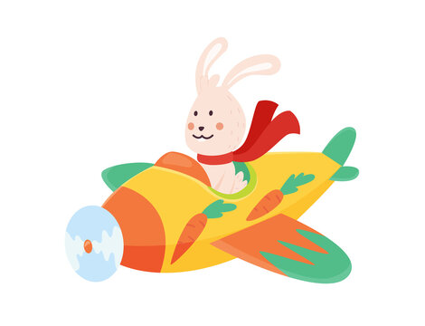 Cute rabbit flying an airplane with scarf fluttering. Funny pilot flying on planes. Cartoon  illustration isolated on a white background