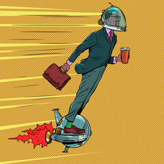 Futuristic black businessman astronaut is flying on an electric unicycle, a man is drinking morning coffee © studiostoks