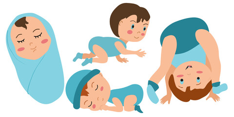 Cute baby or toddler boy in various poses. Early childhood, child evolution progress, sitting, crawling, growing up boy in flat cartoon vector illustration isolated on white background.  Life periods