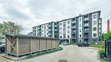 Fototapeta na wymiar Exterior of modern living building in residential area of city.
