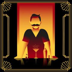 Barman with moustache and sparkling cherry cocktail and cocktail shaker. Vector square poster in art deco style.