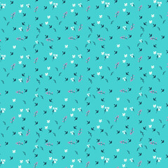 Seamless floral pattern background of small flowers and leaves. Small scale flowers scattered  for printing on surfaces and web design.