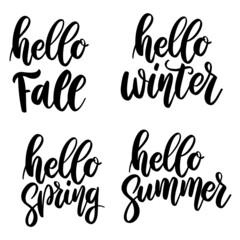 Hello fall, hello summer, hello spring, hello winter. Lettering phrase on white background. Design element for greeting card, t shirt, poster. Vector illustration