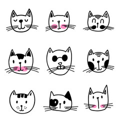Set of doodle cat heads illustrations. Design element for poster, t shirt, decoration. Vector illustration