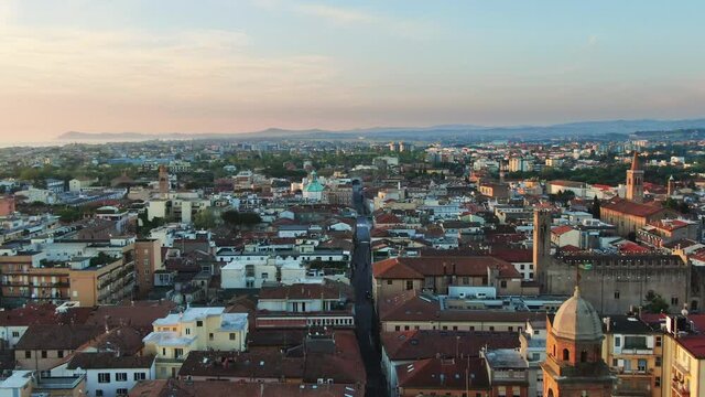 rimini city centre aerial view drone of augusto street arch of augustus in the background at sunrise dawn,emilia romagna italy