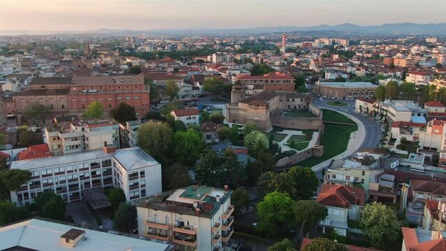 rimini city center aerial view drone of historic landmark sismondo castle at sunrise dawn,emilia romagna italy