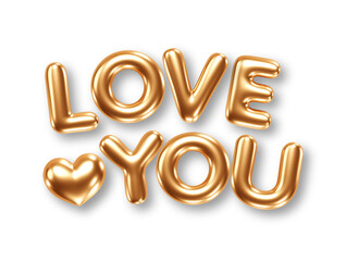 Phrase Love You gold foil balloons isolated on white background. Vector illustration