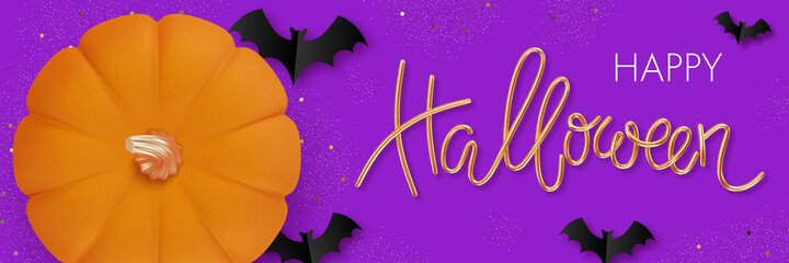 Happy Halloween greeting card or party invitation template with 3d pumpkins. Vector illustration