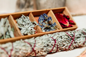 Fototapeta na wymiar set of dried herbs delphinium, sage, wormwood, lavender, rose. Wormwood wand