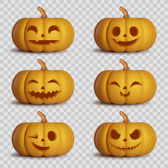 Halloween 3d pumpkins isolated on transparent background. Design element for greeting card or party invitation. Vector illustration