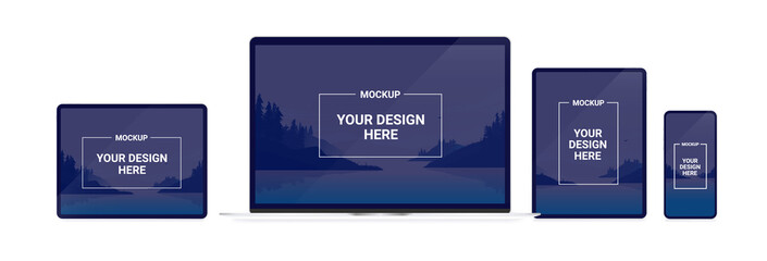 Vector device screens mockup - Laptop, tablet and smartphone screen with replaceable design. Template for responsive design.