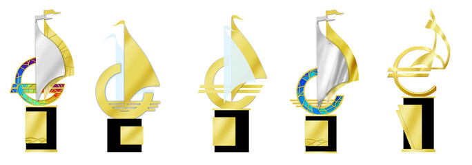 Set of five designed symbols of ships with sails on a white background