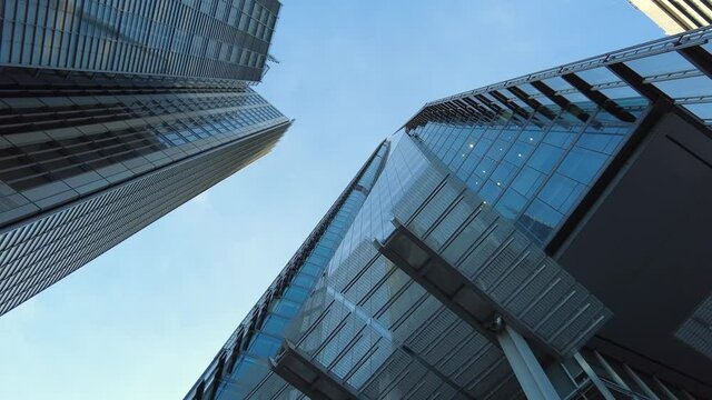Generic upward-looking aerial view of city of London skyscrapers and office buildings